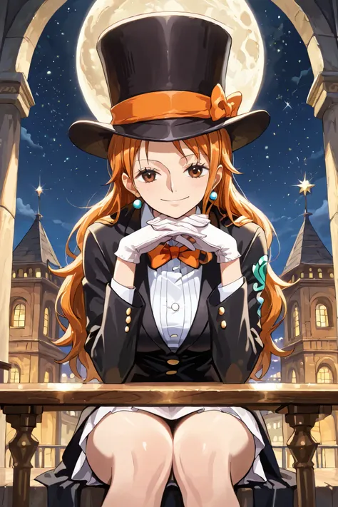 (masterpiece, 2k, highly detailed) solo, 1girl, nami, one piece, long orange hair, earrings, brown eyes, sleek legs,( large black silk top hat, orange band) black tuxedo jacket, white shirt under tuxedo jacket, orange bowtie, white miniskirt, ((white glov...
