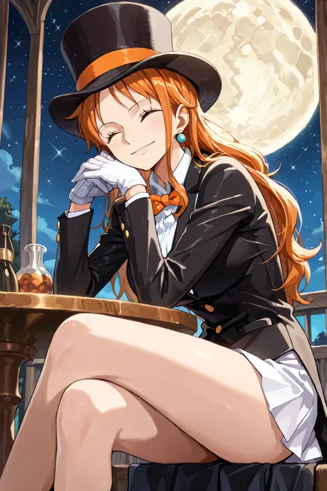 (masterpiece, 2k, highly detailed) solo, 1girl, nami, one piece, long orange hair, earrings, brown eyes, sleek legs,( large black silk top hat, orange band) black tuxedo jacket, white shirt under tuxedo jacket, orange bowtie, white miniskirt, ((white glov...