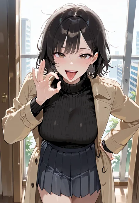 high res image, Beautiful girl with slim body, (masterpiece, detailed:1.2), (1girl:1.4), (black hair, short hair, messy hair, long side bangs), (dynamic poses), looking at viewer, (enjoyed), (brown eyes, detail eyes), Beautiful eyes, (average breasts:1.3),...