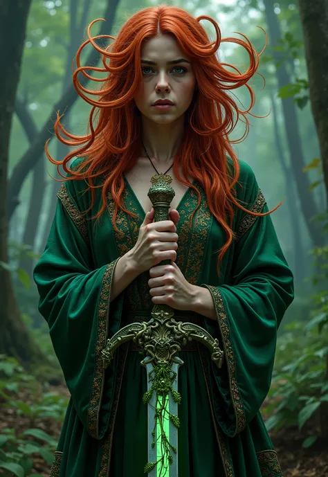 A high-quality, full-body illustration depicting terror. A striking young woman with fiery red hair forming chaotic, branch-like shapes. Her emerald-green ornate robe flows and twists with creeping vines. She clutches a sword whose hilt is overgrown with s...