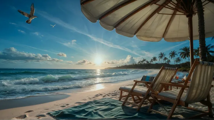 Hyperrealistic panoramic tropical island, evocative of Islas del Rosario, Colombia, featuring photorealistic, crystal-clear turquoise water with a glassy, almost mirror-like surface, reflecting the soft sunlight. Gentle ripples replace strong waves, creati...