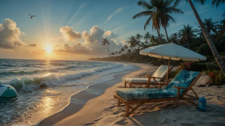 Hyperrealistic panoramic tropical island, evocative of Islas del Rosario, Colombia, featuring photorealistic, crystal-clear turquoise water with a glassy, almost mirror-like surface, reflecting the soft sunlight. Gentle ripples replace strong waves, creati...
