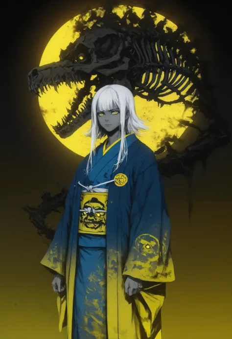 top of a detailed boy,(((black to yellow gradient background))),(backlight:1.5),(dark environment:1.5),Tracera yellow light,bright yellow eyes popping out against the background, disheveled white hair,blue kimono,(Serious and calm expression almost express...