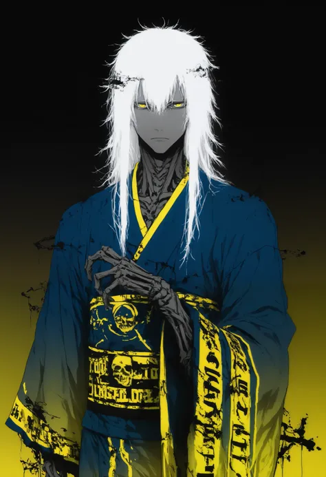 top of a detailed boy,(((black to yellow gradient background))),(backlight:1.5),(dark environment:1.5),Tracera yellow light,bright yellow eyes popping up against the background, disheveled white hair,blue kimono,(Serious and calm expression almost expressi...