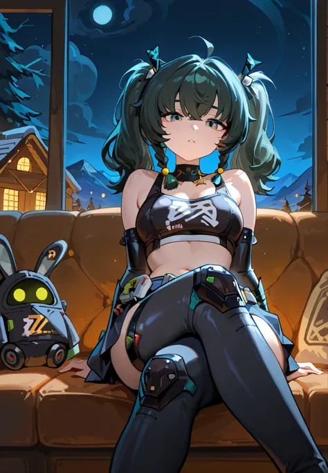 1girl, solo, Qingyi, Zenless Zone Zero, sitting on a couch, sexy pose, alluring atmosphere, BREAK, mountain cabin, night time, beautiful lighting and shadows,