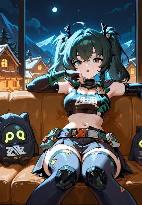 1girl, solo, Qingyi, Zenless Zone Zero, sitting on a couch, sexy pose, alluring atmosphere, BREAK, mountain cabin, night time, beautiful lighting and shadows,