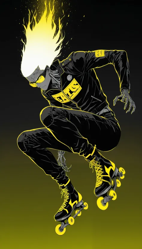 top of a detailed boy,(((black to yellow gradient background))),(backlight:1.5),(dark environment:1.5),Tracera yellow light,bright yellow eyes popping out against the background, disheveled white hair,black leather jacket,long pants,racing glasses on the f...