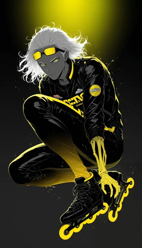 top of a detailed boy,(((black to yellow gradient background))),(backlight:1.5),(dark environment:1.5),Tracera yellow light,bright yellow eyes popping out against the background, disheveled white hair,black leather jacket,long pants,racing glasses on the f...