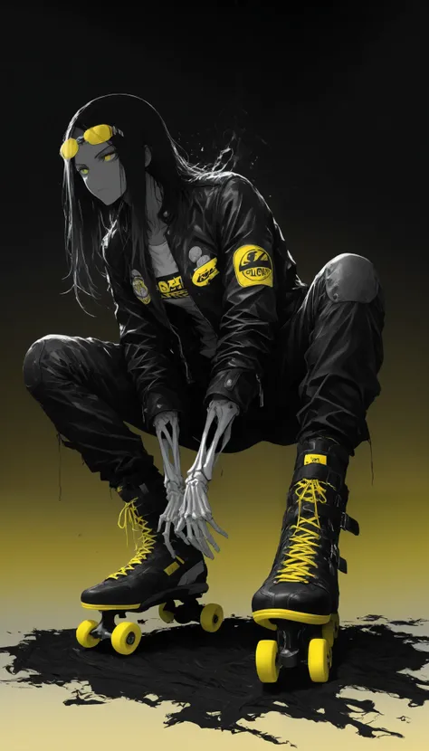 top of a detailed boy,(((black to yellow gradient background))),(backlight:1.5),(dark environment:1.5),Tracera yellow light,bright yellow eyes popping out against the background,disheveled black hair,black leather jacket,long pants,racing glasses on the fo...