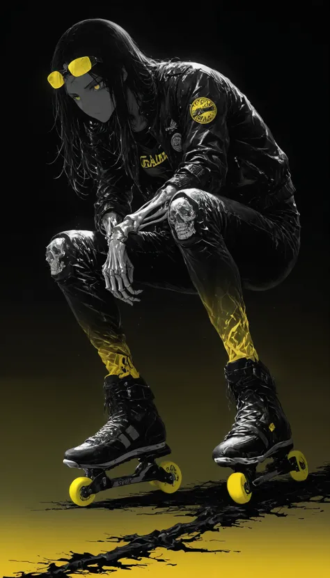 top of a detailed boy,(((black to yellow gradient background))),(backlight:1.5),(dark environment:1.5),Tracera yellow light,bright yellow eyes popping out against the background,disheveled black hair,black leather jacket,long pants,racing glasses on the fo...