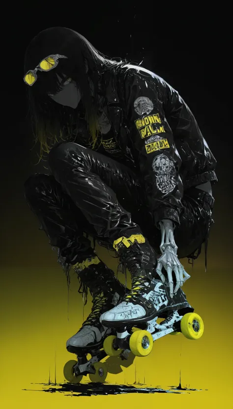 top of a detailed boy,(((black to yellow gradient background))),(backlight:1.5),(dark environment:1.5),Tracera yellow light,bright yellow eyes popping out against the background,disheveled black hair,black leather jacket,long pants,racing glasses on the fo...