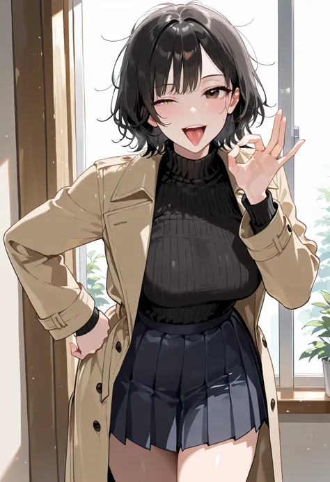 high res image, Beautiful girl with slim body, (masterpiece, detailed:1.2), (1girl:1.4), (black hair, short hair, messy hair, long side bangs), (dynamic poses), looking at viewer, (enjoyed), (brown eyes, detail eyes), Beautiful eyes, (average breasts:1.3),...