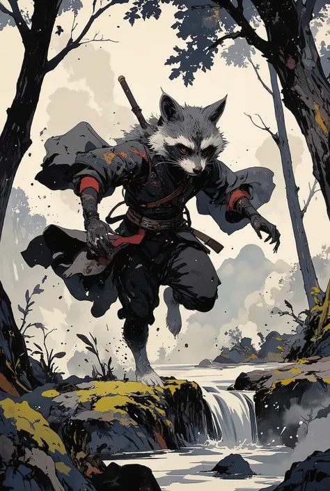 (best quality)))、(super high image quality)、(Super Detail)、(detailed description)、(Best CG ))、(masterpiece)、ArsMJStyle、(Zen ink wash painting)、raccoon , ランダムなシチュエーション,背後からのアングル,忍者衣装,(aura:1.3)走る
