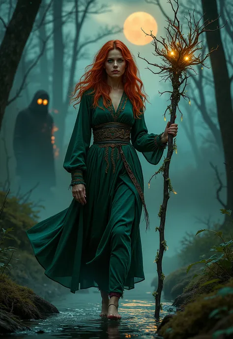 A high-quality, full-body, realistic image depicting horror and terror. A striking young woman with fiery red hair forming chaotic, tendril-like shapes. Her emerald-green ornate robe is interwoven with glowing, thorny vines. She clutches a magical gnarled ...