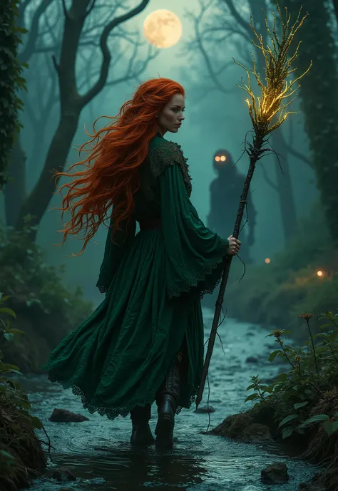 A high-quality, full-body, realistic image depicting horror and terror. A striking young woman with fiery red hair forming chaotic, tendril-like shapes. Her emerald-green ornate robe is interwoven with glowing, thorny vines. She clutches a magical gnarled ...