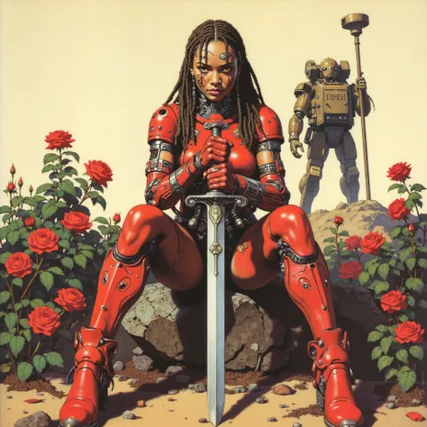 High-quality, detailed oil painting, analog vintage photography style. (Detailed image). A beautiful warrior with an attractive red cyberpunk exoskeleton and cybernetic enhancements. Her arms rest on an old futuristic blunt-edged sword stuck in the ground....