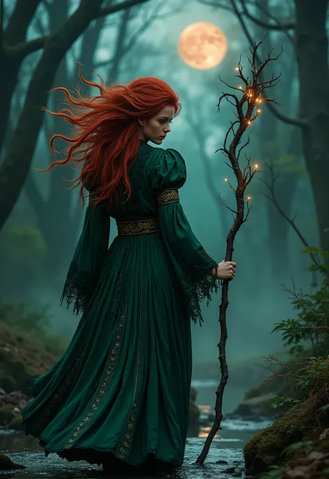 A high-quality, full-body, highly detailed, photorealistic, 8k resolution, ultra quality image depicting horror and terror. A striking young woman with fiery red hair forming chaotic, tendril-like shapes. Her emerald-green ornate robe is interwoven with gl...