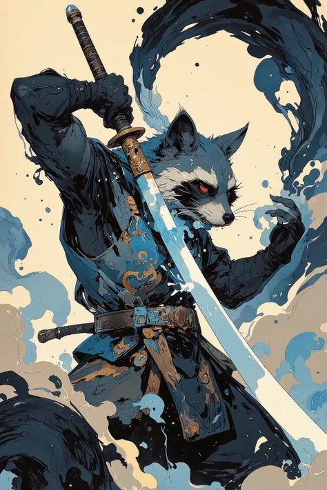 (best quality)))、(super high image quality)、(Super Detail)、(detailed description)、(Best CG ))、(masterpiece)、ArsMJStyle、(Zen ink wash painting)、raccoon , ランダムなシチュエーション,背後からのアングル,日本刀で斬りつける,(aura:1.3)