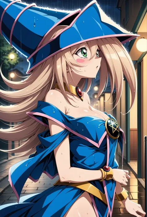 (Masterpiece, better quality, very aesthetic, ultra detailed), prostimulum background Intricate details, 4k, admg, long hair, pelo rubio, has,  blue hat ,  green eyes , blush stickers,  breasts, choker, bare shoulders clothing, neckline,  blue dress, penta...