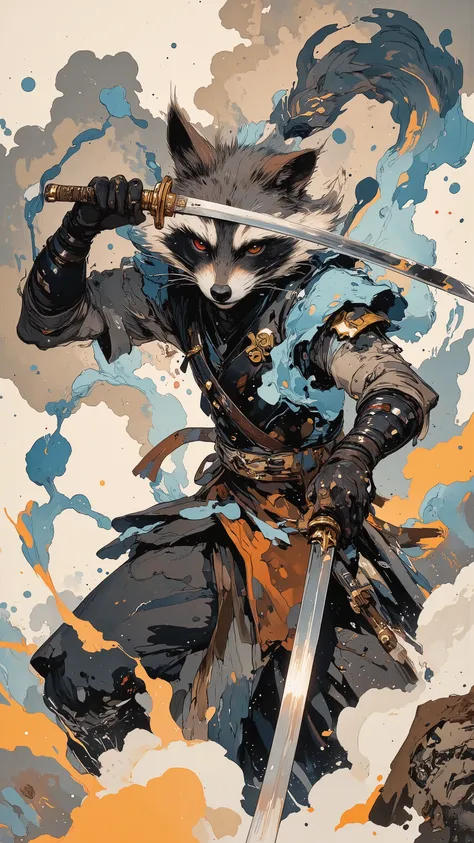 (best quality)))、(super high image quality)、(Super Detail)、(detailed description)、(Best CG ))、(masterpiece)、ArsMJStyle、(Zen ink wash painting)、raccoon , ランダムなシチュエーション,背後からのアングル,日本刀で斬りつける,(aura:1.3)