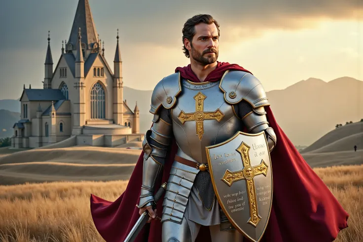 A full body photo of Henry Cavill reimagined as the embodiment of Christianity in the form of a majestic medieval knight, walking through a radiant battlefield of faith and light, dramatic atmosphere, 1 male
Golden-brown hair swept back beneath a polished...