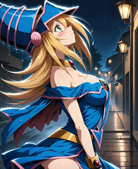 (Masterpiece, better quality, very aesthetic, ultra detailed), prostimulum background Intricate details, 4k, admg, long hair, pelo rubio, has,  blue hat ,  green eyes , blush stickers,  breasts, choker, bare shoulders clothing, neckline,  blue dress, penta...