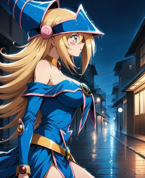 (Masterpiece, better quality, very aesthetic, ultra detailed), prostimulum background Intricate details, 4k, admg, long hair, pelo rubio, has,  blue hat ,  green eyes , blush stickers,  breasts, choker, bare shoulders clothing, neckline,  blue dress, penta...