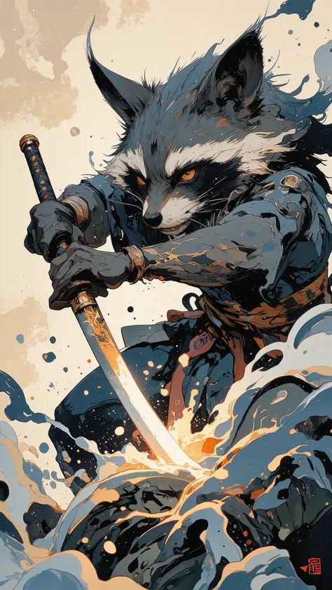 (best quality)))、(super high image quality)、(Super Detail)、(detailed description)、(Best CG ))、(masterpiece)、ArsMJStyle、(Zen ink wash painting)、raccoon , ランダムなシチュエーション,背後からのアングル,日本刀で斬りつける,(aura:1.3)