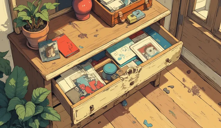 Oil and acrylic painting on canvas, a shoot of an open drawer inside of it bunch of gift cards, olden drawer, old photo, and a wooden box. The scene is rendered in a Ghibli-inspired style, The artwork uses soft colors and hand-painted textures to create a ...