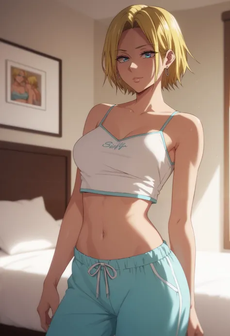 Masterpiece, 8k quality, extremely detailed, Reina Hamazaki, short hair, blonde hair, earrings, blue eyes, bedroom, medium breasts, crop top, spaghetti strings, crop top, pajama pants, standing, bright lighting