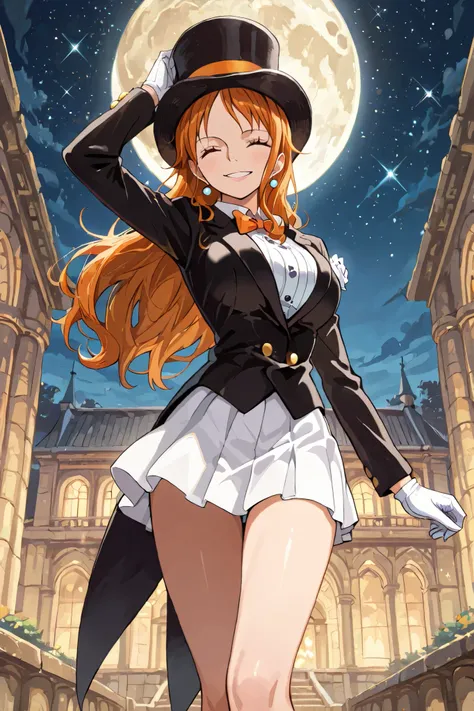 (masterpiece) solo, 1girl, nami, one piece, long orange hair, earrings, brown eyes, sleek legs,( large black silk top hat, orange band) black tuxedo jacket, white shirt under tuxedo jacket, orange bowtie, white miniskirt, ((white gloves)), (smiling, grace...