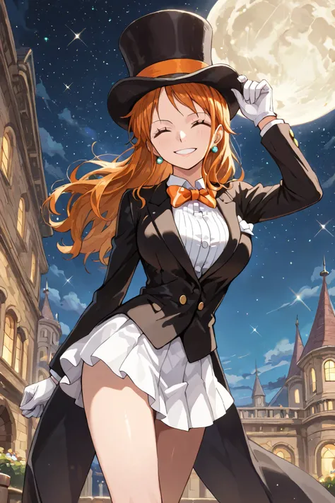(masterpiece, 2k, high detail) solo, 1girl, nami, one piece, long orange hair, earrings, brown eyes, sleek legs,( large black silk top hat, orange band) black tuxedo jacket, white shirt under tuxedo jacket, orange bowtie, white miniskirt, ((white gloves))...