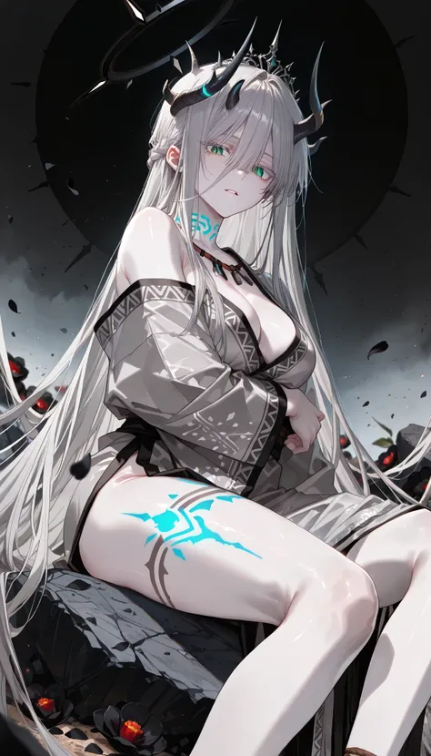 1girl,solo,adult,mature woman,mature female,  artist:kousaki ruri,artist:ciloranko,artist:rolua n,(artist:endou okito,artist:mignon:0.7),  grey hair,green eyes,(multiple horns:1.3),(hair between eyes:1.5),(very long bangs:1.3),medium breasts,french braid,s...