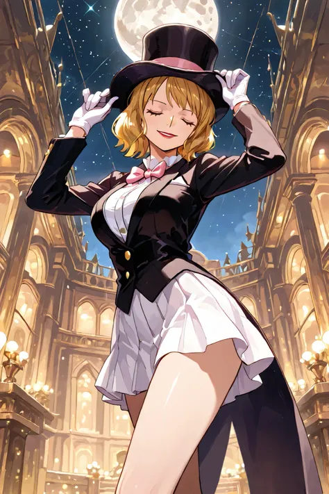 (masterpiece, 2k, high detail) solo, 1girl, stussy, one piece, short hair, blonde hair, red lipstick, blue eyes, sleek legs, large black silk top hat, pink band, black tuxedo jacket, white shirt under tuxedo jacket, pink bowtie, white miniskirt, ((white g...