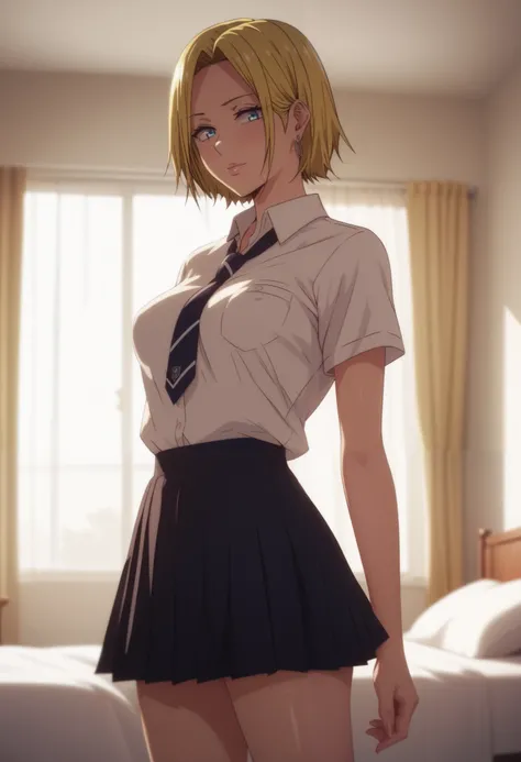 Masterpiece, 8k quality, extremely detailed, Reina Hamazaki, short hair, blonde hair, earrings, blue eyes, bedroom, medium breasts, standing, bright lighting, school uniform, short skirt, uncensored, detailed body