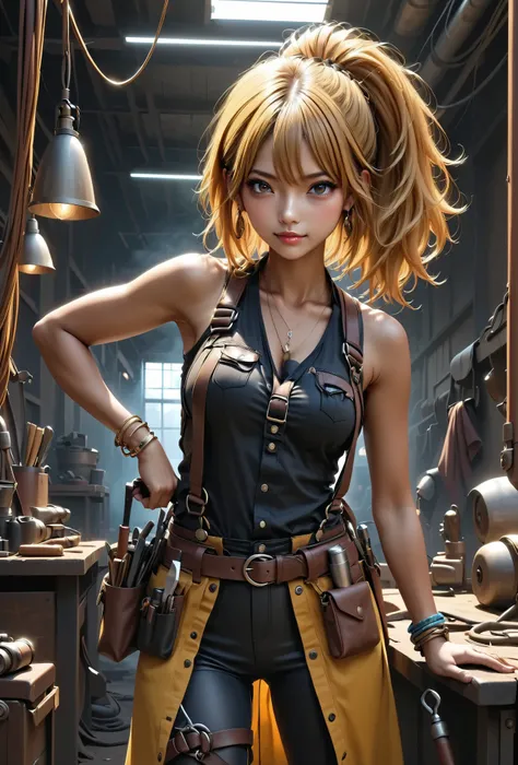 beauty ponytail BLONDE brown skin Black Skin flirtatious attitude evil expression smile looks at you melancholy mood earrings bracelet、 standing 、Tanned Leather Tool Belt Equipped with Lots of Tools Full Harness、Welder、While welding