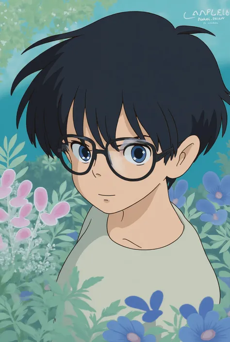 A boy, blue eyes, black hair, glasses Style of Studio Ghibli