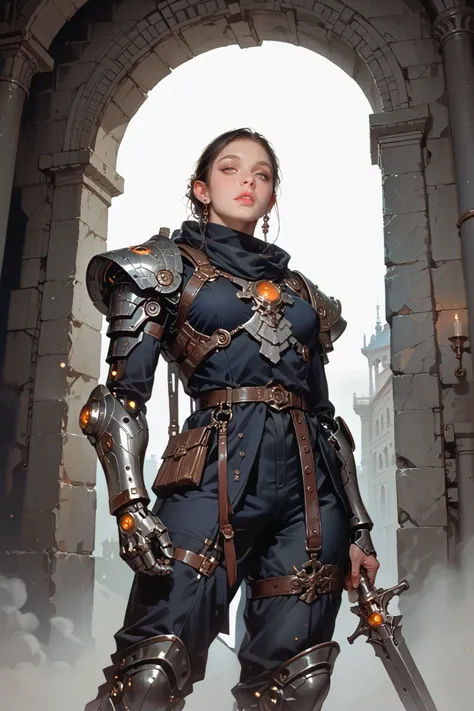 (score_9, score_8_up, score_7_up, source_anime), 
Dynamic low-angle shot, futuristic warrior woman with a perfectly slender model-like figure, cybernetic arms, holding sharp daggers in both hands, standing defiantly before massive ancient dungeon gates, gl...