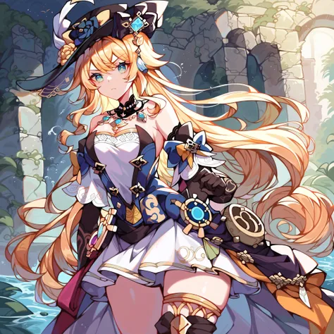 score_9, score_8_up, score_7_up, 1 girl, Boat \(Genshin Impact for Gochu\), solo, fancy hat, knee-high boots, Detachable Sleeves, single gloves, strapless dress, detachable collar, Showgirl Skirt, necklace, waist cape, cowboy shot, is standing, watching vi...