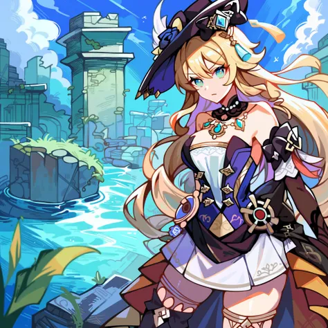 score_9, score_8_up, score_7_up, 1 girl, Boat \(Genshin Impact for Gochu\), solo, fancy hat, knee-high boots, Detachable Sleeves, single gloves, strapless dress, detachable collar, Showgirl Skirt, necklace, waist cape, cowboy shot, is standing, watching vi...