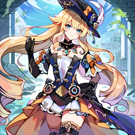 score_9, score_8_up, score_7_up, 1 girl, Boat \(Genshin Impact for Gochu\), solo, fancy hat, knee-high boots, Detachable Sleeves, single gloves, strapless dress, detachable collar, Showgirl Skirt, necklace, waist cape, cowboy shot, is standing, watching vi...