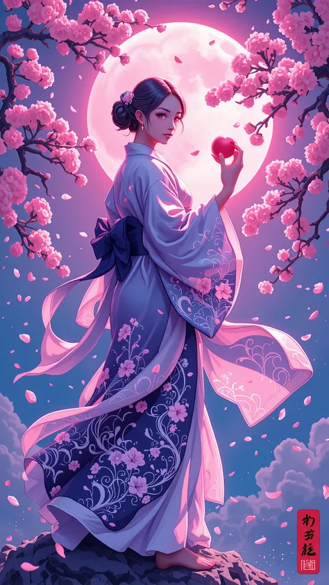 E-ukiyo-e style artwork of a Celestial Sakura Goddess, her flowing kimono adorned with intricate cherry blossom patterns that shimmer with ethereal light. She stands amidst a dreamlike landscape, where petals drift in an endless, glowing cascade, carried b...