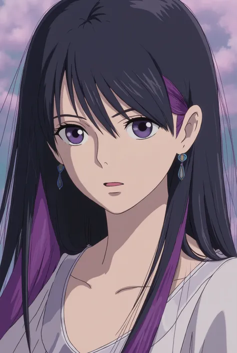 A young girl with long straight black hair with purple highlights and purple eyes Style of Studio Ghibli