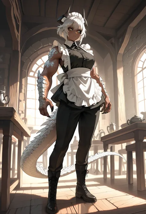 muscular creature, dark horns, yellow eyes, short spiky white hair, short hair, maid outfit, pants, boots, humanoid arms with sharp claws and scales, silver scales on arms and legs, calm pose, athletic, dark skin tone, BREAK background is simple and muted,...