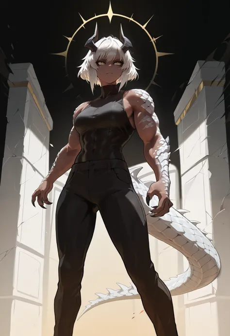 muscular creature, dark horns, yellow eyes, short spiky white hair, short hair, black skinsuit, pants, humanoid arms with sharp claws and scales, silver scales on arms and legs, calm pose, athletic, dark skin tone, BREAK background is simple and muted, wit...