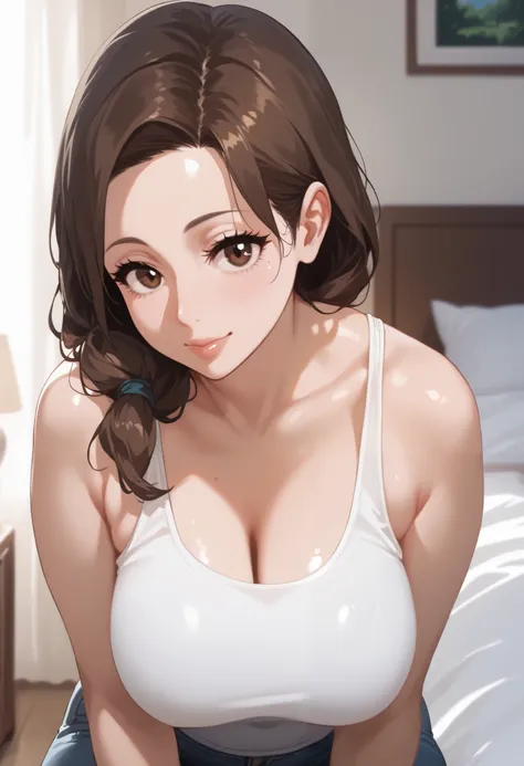 (1girl:1.3), masterpiece, 8k quality, extremely detailed, mature, mature woman, mother, motherly eyes, brown eyes, brown hair, medium length hair, mole on chin, bedroom, standing, looking at viewer, cowboy shot, plump body, medium breasts, tank top, jeans