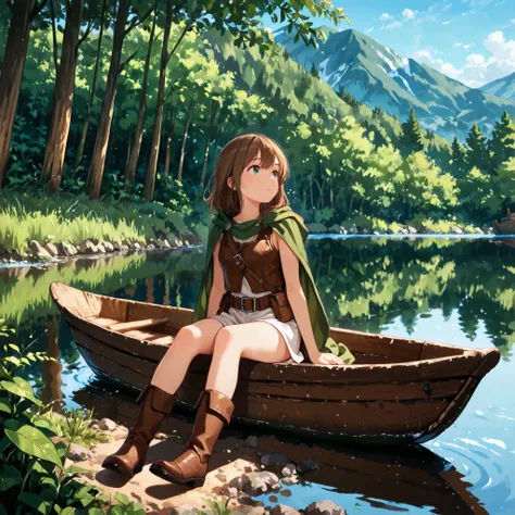 A young female adventurer sitting alone in a simple dugout canoe in the middle of a large lake. The young woman has shoulder-length brown hair, wears a leather vest, a green cape, sturdy boots, and a utility belt filled with tools. She sits with her legs e...