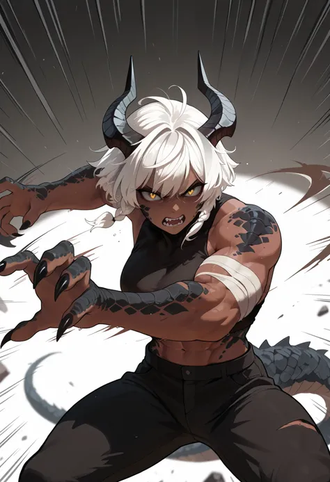 muscular creature, dark horns, dark scales, yellow eyes, short spiky white hair, short hair, angry, dark scales, wrapping her hair, pants, humanoid arms with sharp claws and scales, scales on arms and legs, calm pose, athletic, dark skin tone, in motion, m...