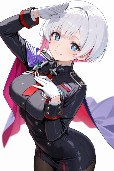 masterpiece,best quality,absurdres, 1girl,solo,liliweiss \(nikke\),goddess of victory: nikke,safe,smile,+_+,blue eyes,short hair,white hair,colored inner hair,purple inner hair,closed mouth,short dress,black dress,long sleeves,white gloves,cape,side cape,p...