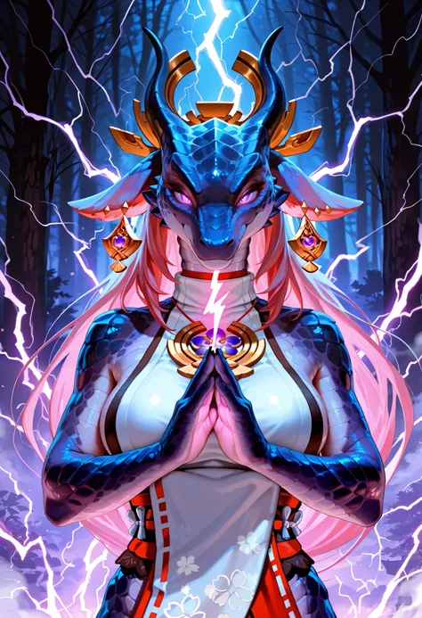 (anthro_dragon,female,high detailed scalie skin, slim body), ultra realistic, full growth, detailed facial features, big fake breasts, Yae Miko, character in the form of a dragon, pathos pose, lightning in hand, glowing eyes, electical aura, purple lightni...